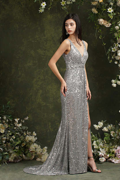 Chicloth Silver Sequins Bridesmaid Dress V-Neck Sleeveless With Slit