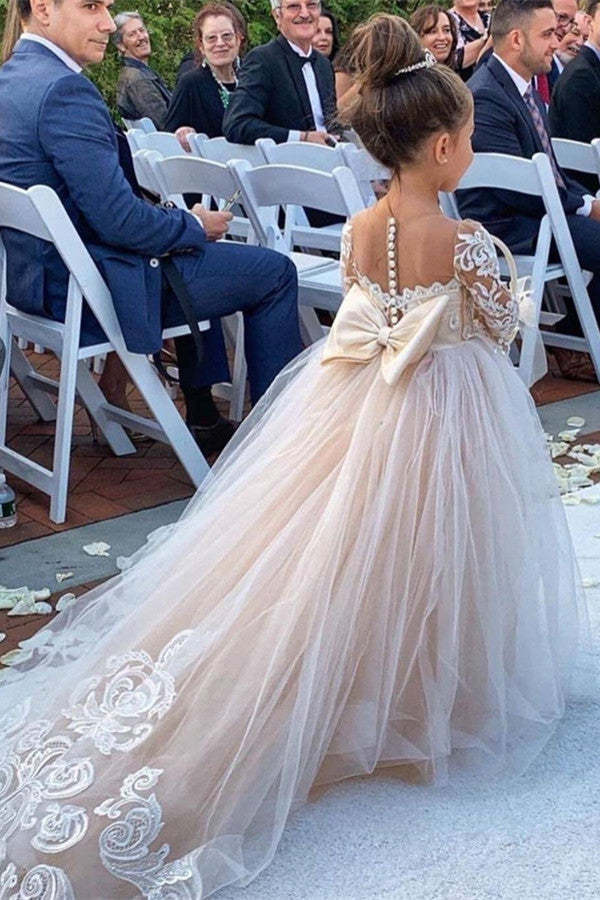 Chicloth Long Sleeve Tulle Lace Flower Girl Dress With Bowknot