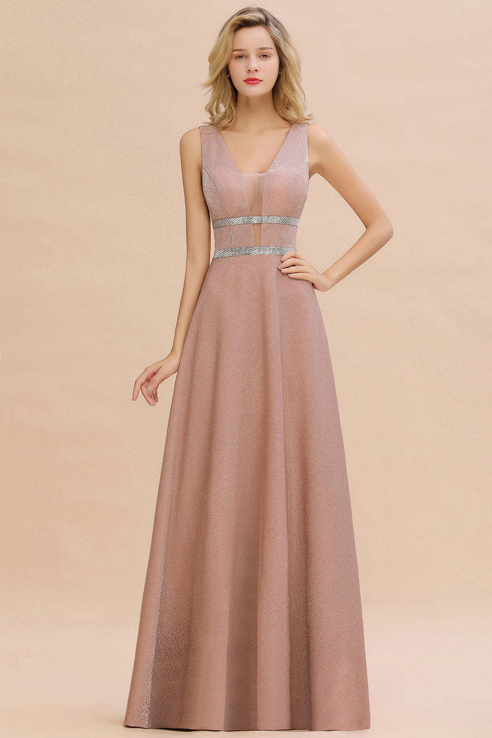 Chicloth Shinning V-Neck Sleeveless Long Prom Dress Online With Zipper Back