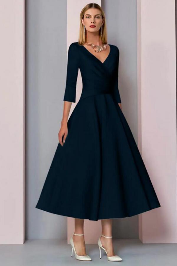 Elegant Half Sleeve Satin Wedding Guest Dress Mother of the Bride Dress Ankle Length