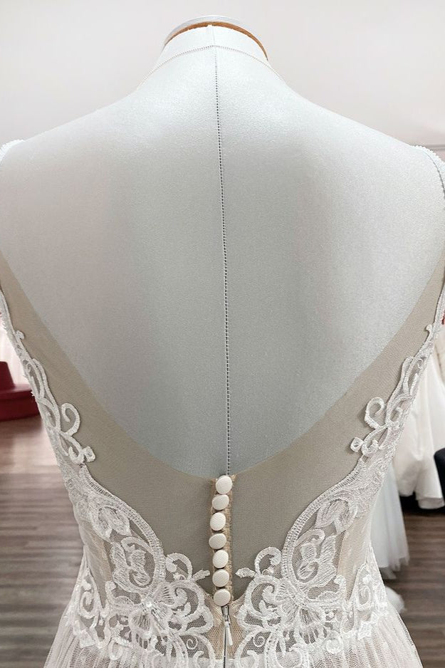 Chicloth Women Sleeveless Tulle Lace Backless A-Line Wedding Dresses