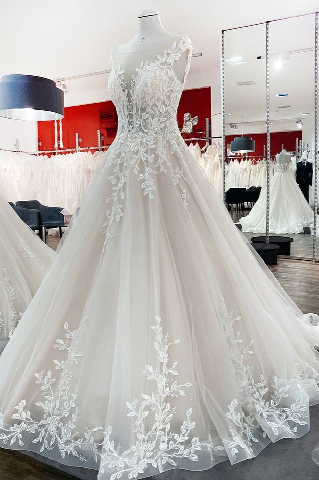 Chicloth Eye-taking Jewel Tulle Lace Appliques Ruffles A-Line Wedding Dresses