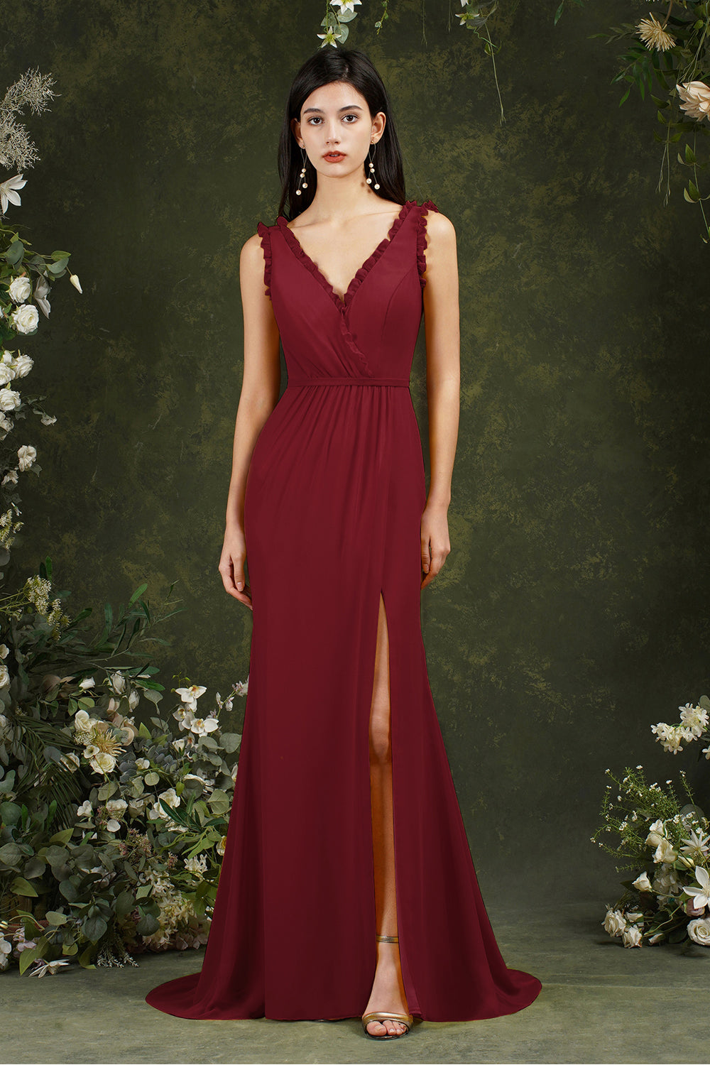 Chicloth V-Neck Bridesmaid Dress Chiffon With Slit