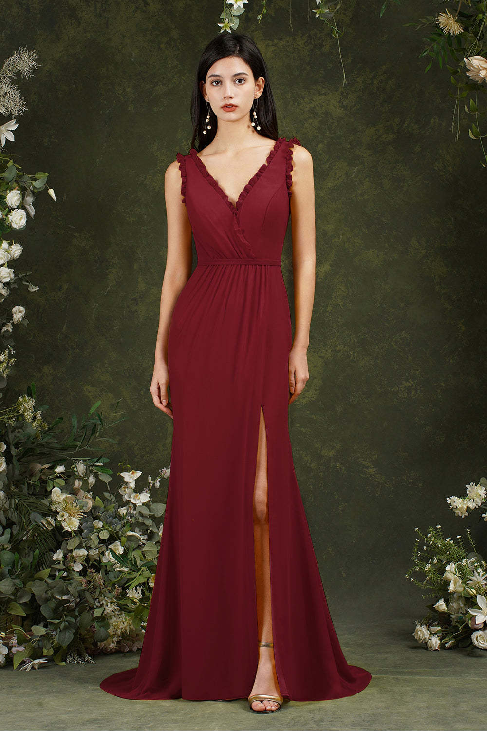 Chicloth V-Neck Bridesmaid Dress Chiffon With Slit