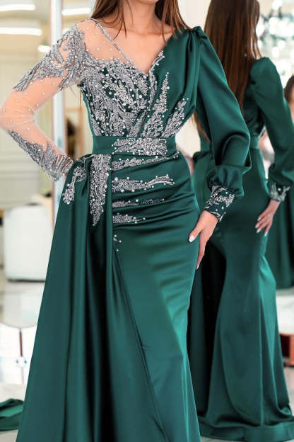 Chicloth Long Sleeves Mermaid Prom Dress Overskirt With Beadings