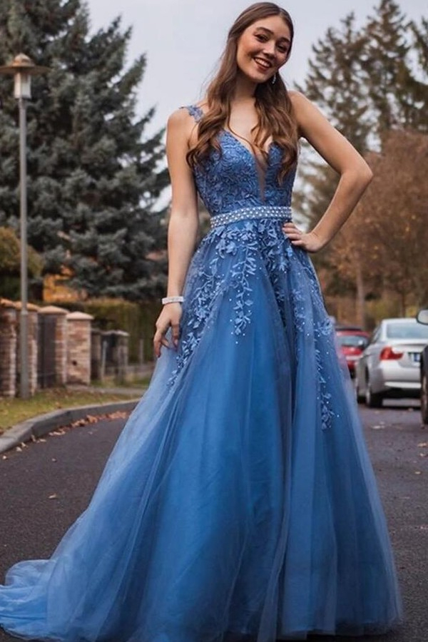 Sleeveless Ocean Blue Tulle Formal Dress V-Neck Evening Dress with Belt