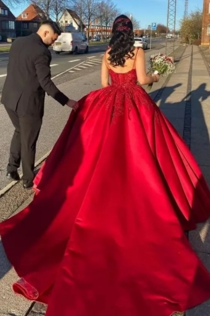 Designer Princess Wedding Dresses Red | Aline Satin Wedding Dress With Lace Applliques