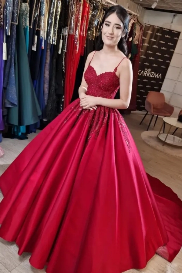 Designer Princess Wedding Dresses Red | Aline Satin Wedding Dress With Lace Applliques