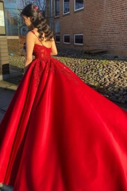 Designer Princess Wedding Dresses Red | Aline Satin Wedding Dress With Lace Applliques