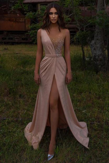 Chicloth Sleeveless Long Front Slit Prom Dress With Beads