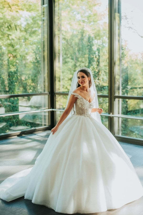 Chicloth Off-the-Shoulder V-Neck Ball Gown Wedding Dress With Appliques