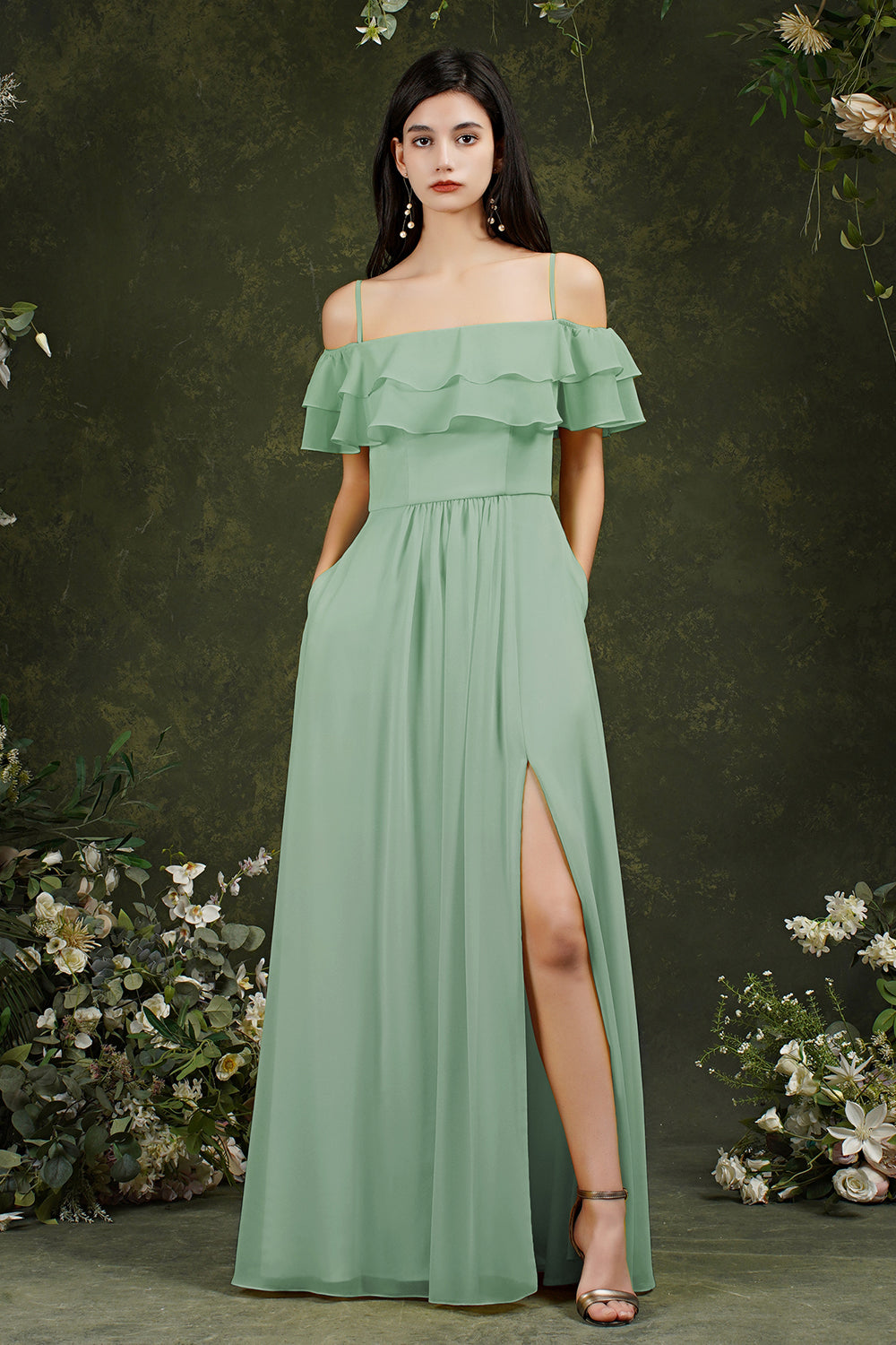 Chicloth Off-the-Shoulder Bridesmaid Dress Ruffles With Slit