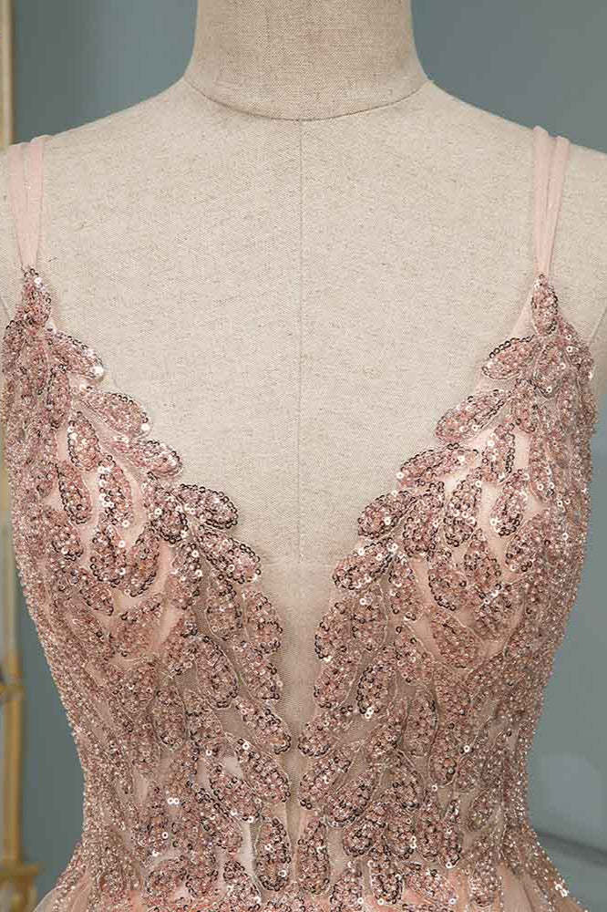Chicloth Elegant Tulle Spaghetti Strap V-Neck Pink Prom Dress with Beading Appliques