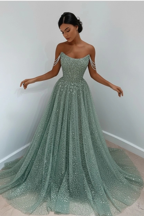 Sparkly Sleeveless A-Line Evening Party Dress Sky Blue Sequined Prom Gown