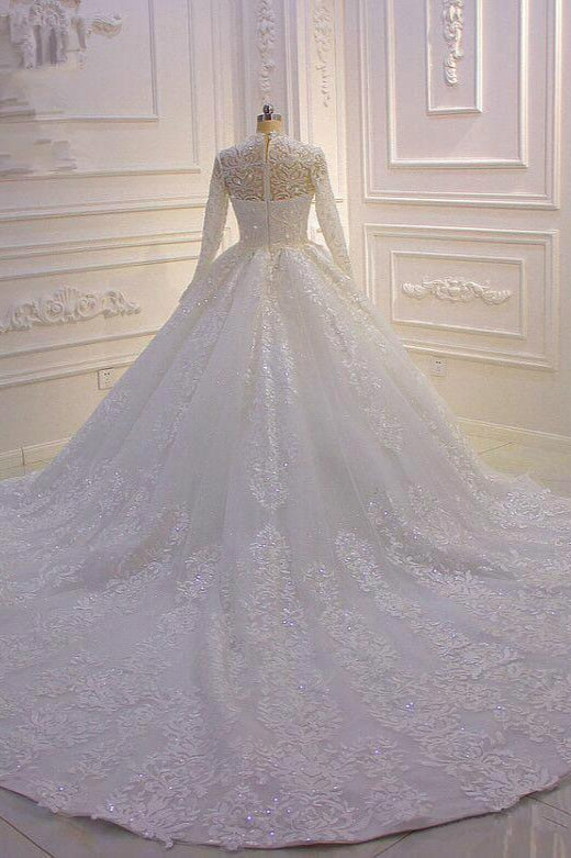 Chicloth Luxury Ball Gown High Neck Tull Lace Wedding Dress Long Sleeves Appliques Sequins Bridal Gowns Online