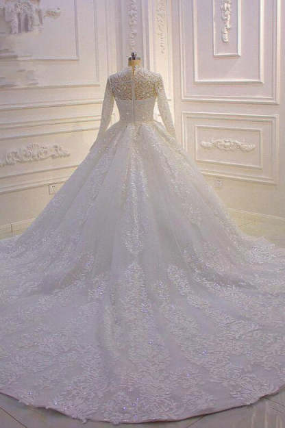 Chicloth Luxury Ball Gown High Neck Tull Lace Wedding Dress Long Sleeves Appliques Sequins Bridal Gowns Online