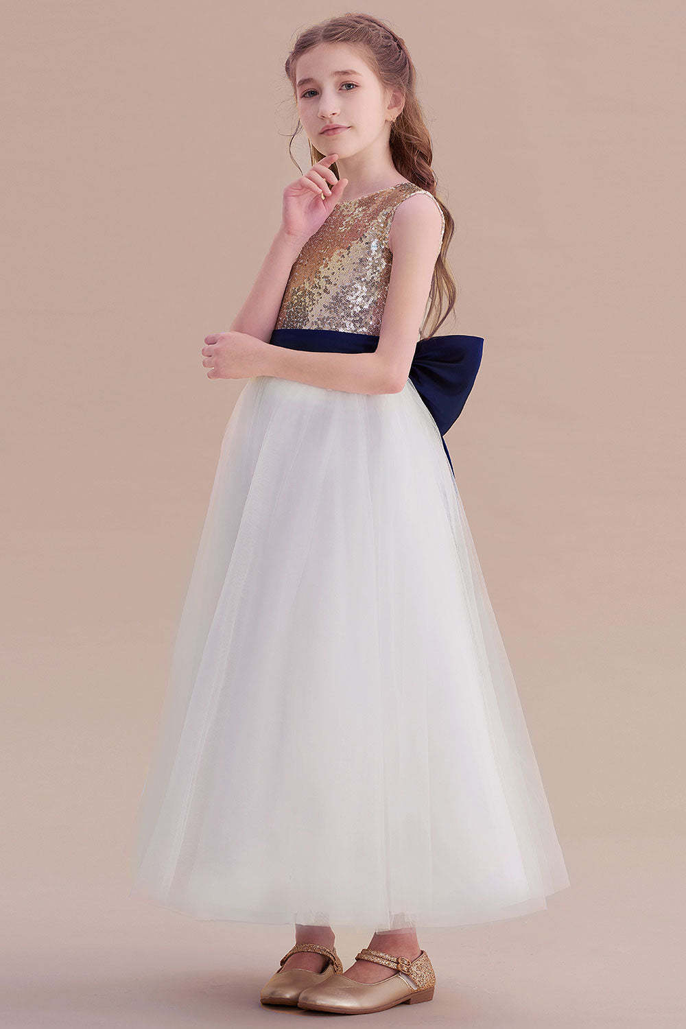 Chicloth A-Line Bow Sequins Ankle Length Flower Girl Dress Online