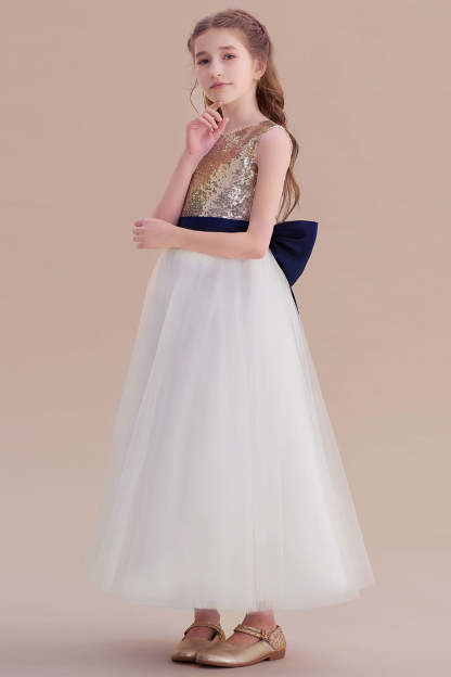 Chicloth A-Line Bow Sequins Ankle Length Flower Girl Dress Online