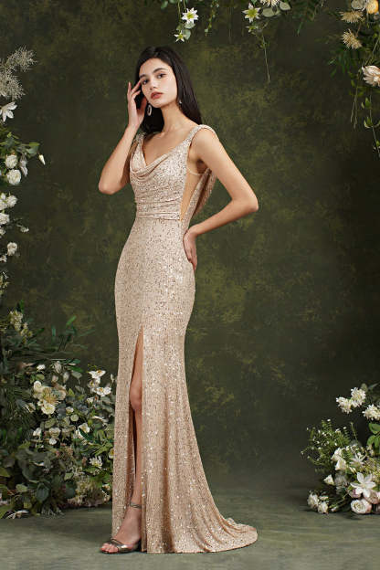 Chicloth Sequins Mermaid Bridesmaid Dress Split With Drop Back