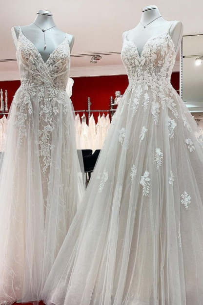 Chicloth Elegant V Neck Ivory Sleeveless Ruffles A-Line Wedding Dresses