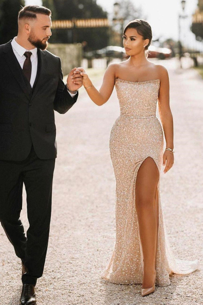 Elegant Long Sequined Bandeau Collar Evening Dress | Cheap Sexy Prom Dresses