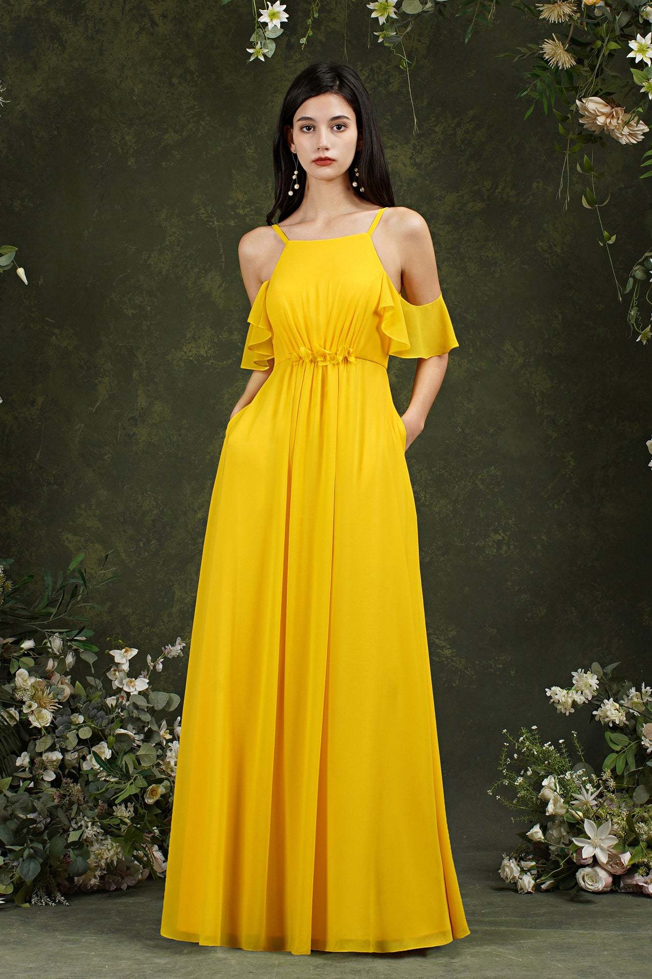 Chicloth Halter Chiffon Bridesmaid Dress Long WIth Ruffle