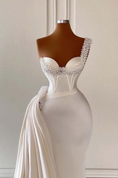 Chicloth One Shoulder Mermaid Prom Dress Long With Pearls