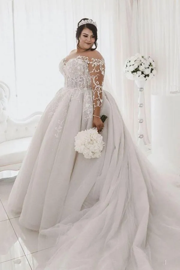 Plus Size Long Sleeve Bridal Gowns heer Tulle Appliques Ball Gown Wedding Dresses