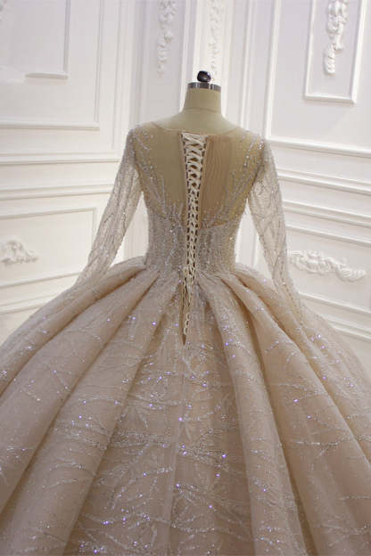 Chicloth Glamorous Ball Gown Tulle Jewel Wedding Dress Long Sleeves Ruffles Beadings Sequined Bridal Gowns Online