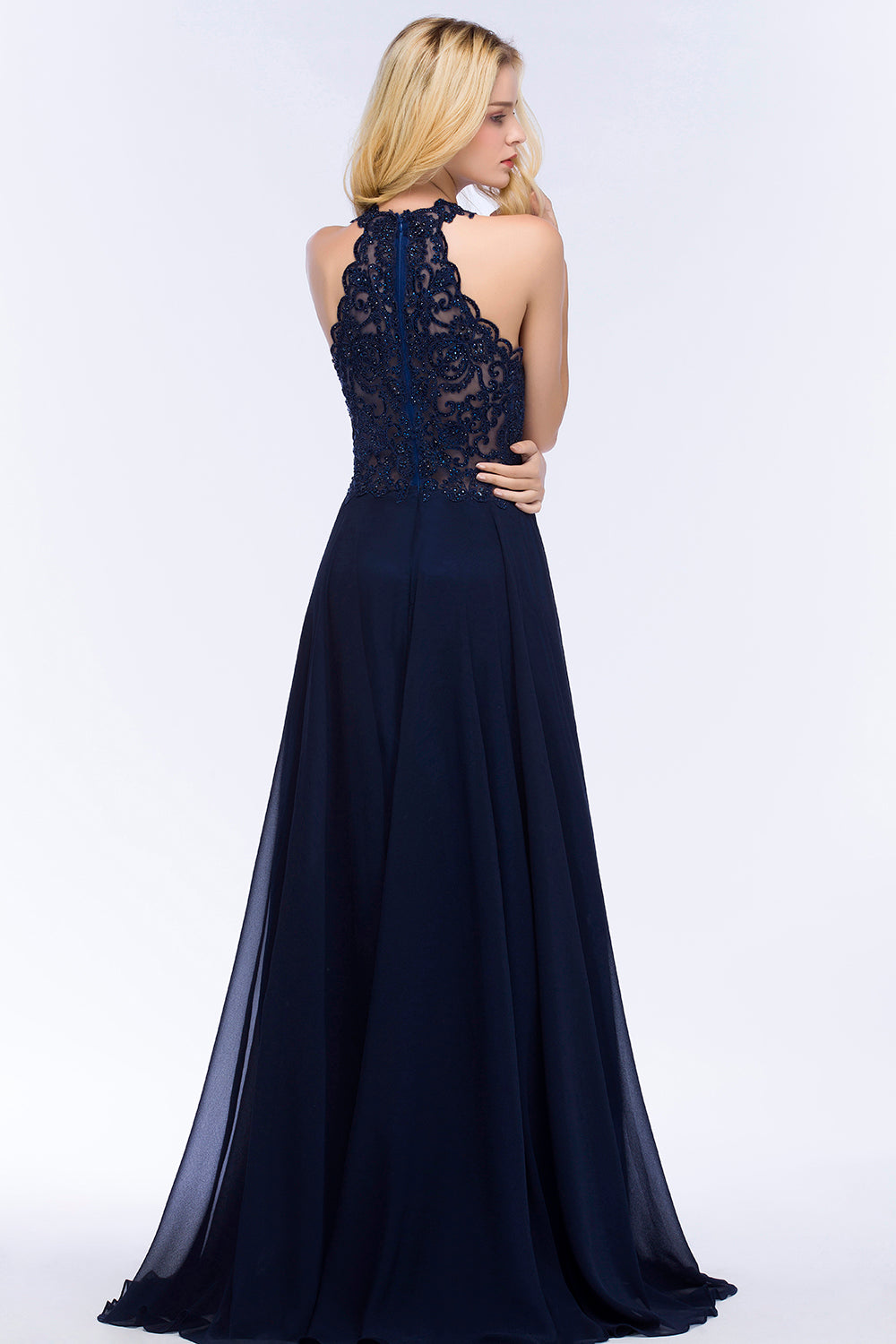 Chicloth A-line Keyhole Neckline Halter Long Beading Prom Dress