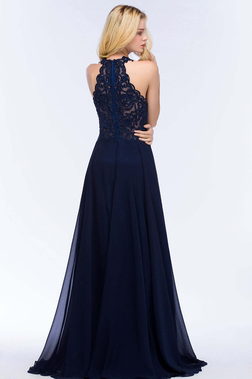 Chicloth A-line Keyhole Neckline Halter Long Beading Prom Dress