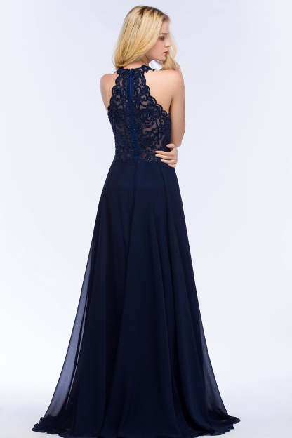 Chicloth A-line Keyhole Neckline Halter Long Beading Prom Dress