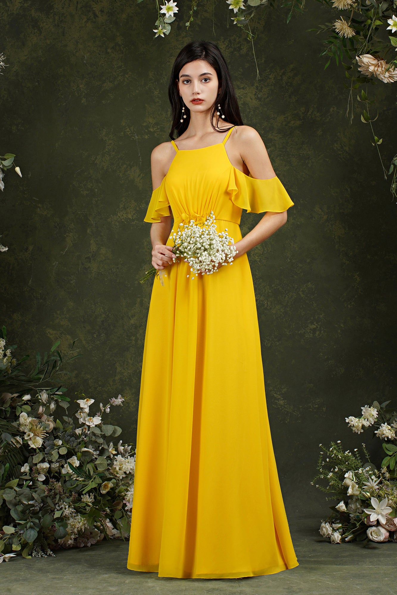 Chicloth Halter Chiffon Bridesmaid Dress Long WIth Ruffle