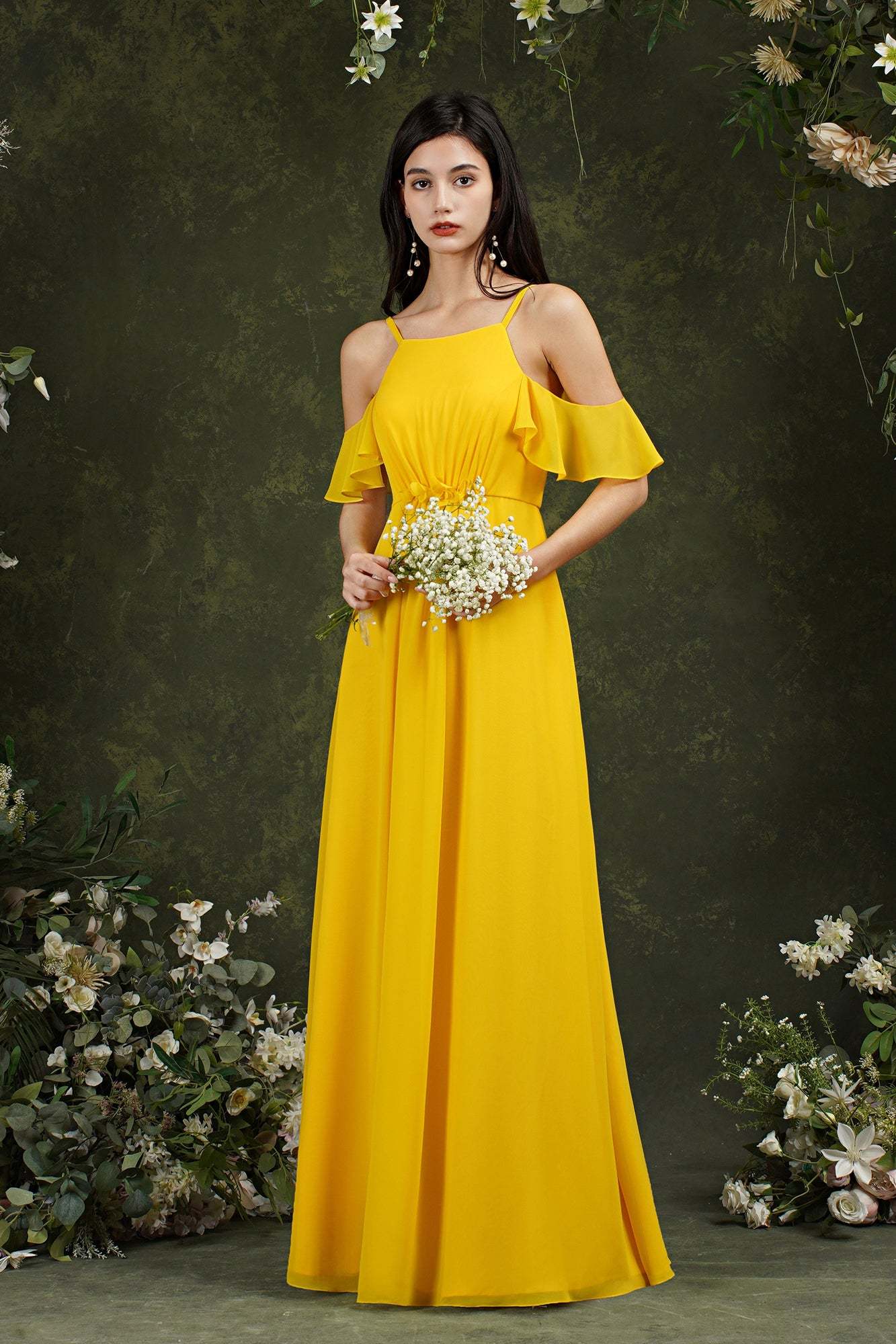 Chicloth Halter Chiffon Bridesmaid Dress Long WIth Ruffle