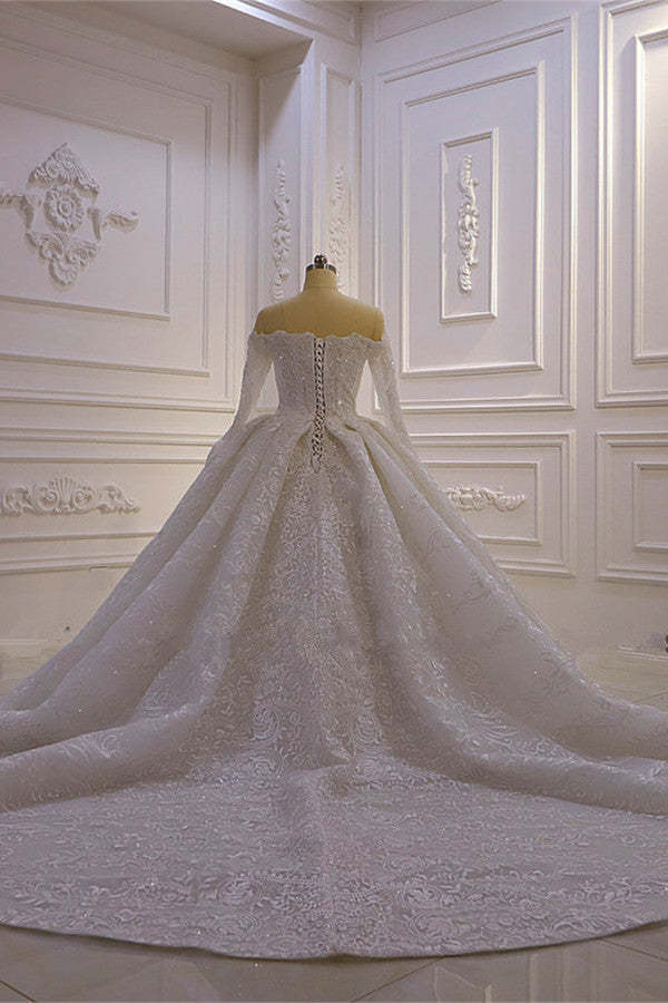 Chicloth Luxury Ball Gown Long Sleeves Wedding Dress Tulle Lace Sweetheart Beadings Bridal Gowns On Sale