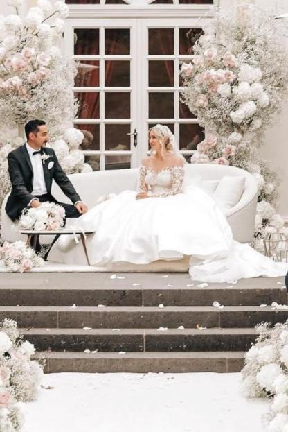 Gorgeous White Satin Aline Bridal Dress with Sleeves Beadings Wedding Gown