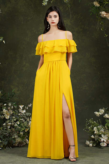 Chicloth Off-the-Shoulder Bridesmaid Dress Ruffles With Slit