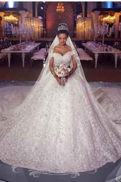 Chicloth Of-the-Shoulder Wedding Dress Ball Gown With Lace Appliques