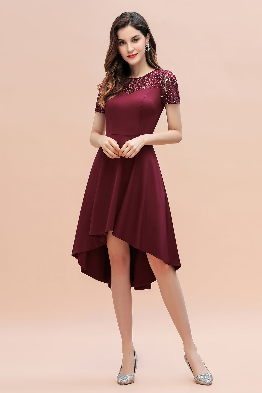 Chicloth Lovely Jewel Satin Sequins Bridesmaid Dress Short Sleeve Burgundy Cocktail Dress