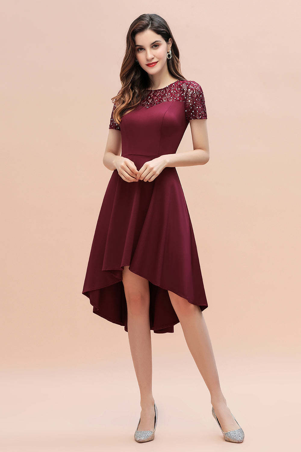 Chicloth Lovely Jewel Satin Sequins Bridesmaid Dress Short Sleeve Burgundy Cocktail Dress