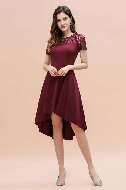 Chicloth Lovely Jewel Satin Sequins Bridesmaid Dress Short Sleeve Burgundy Cocktail Dress