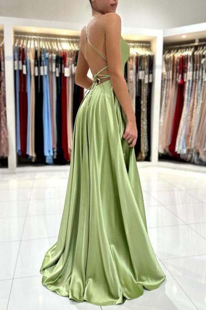 Chicloth Sage Green Spaghetti-Straps Prom Dresses Long Split Online