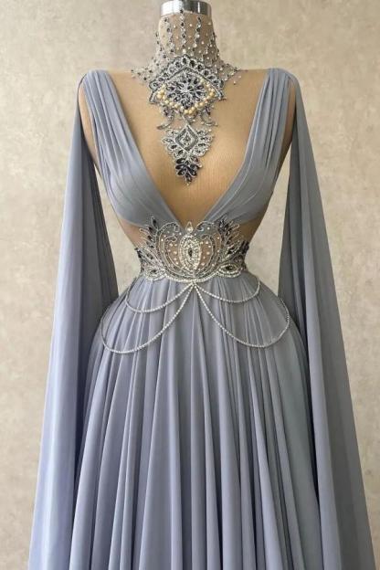 Chicloth Ruffle Evening Dress Chiffon A-Line With Beads