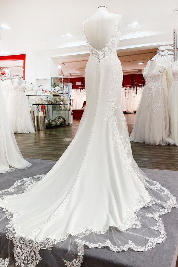 Chicloth Elegant Sleeveless White Lace Satin Mermaid Wedding Dresses