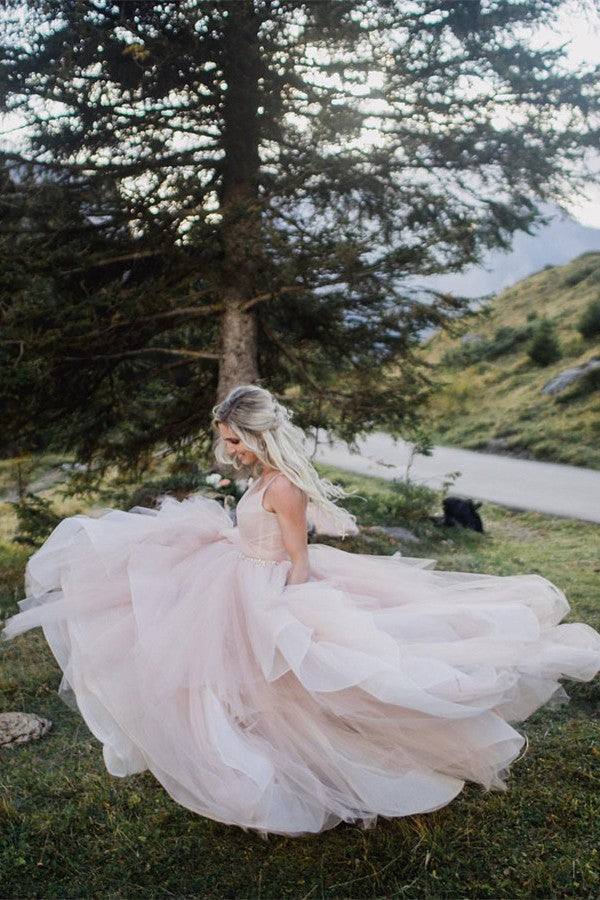 Chicloth Pink Spaghetti-Straps Wedding Dress Tulle Backless Long