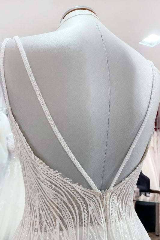 Chicloth Breath-taking Tulle V Neck Sequins Ruffles A-Line Wedding Dresses