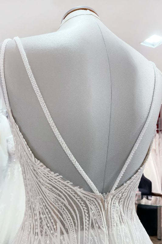 Chicloth Breath-taking Tulle V Neck Sequins Ruffles A-Line Wedding Dresses