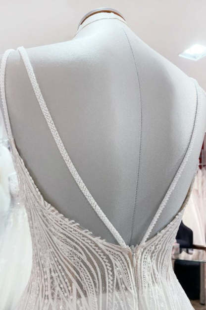 Chicloth Breath-taking Tulle V Neck Sequins Ruffles A-Line Wedding Dresses