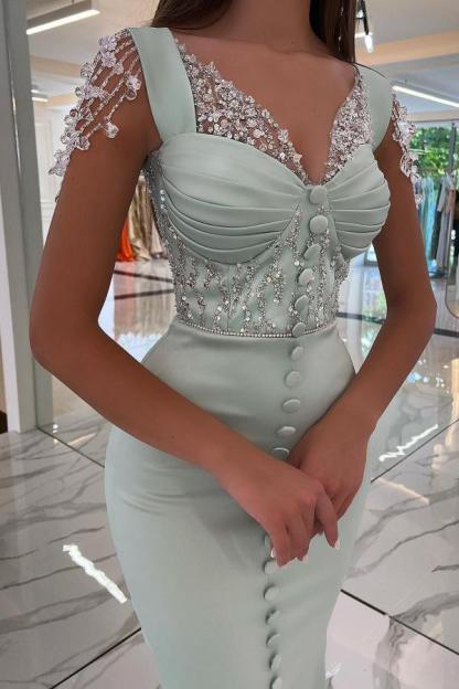Chicloth Mint Green Mermaid Prom Dress Slit Front With Beads Buttons