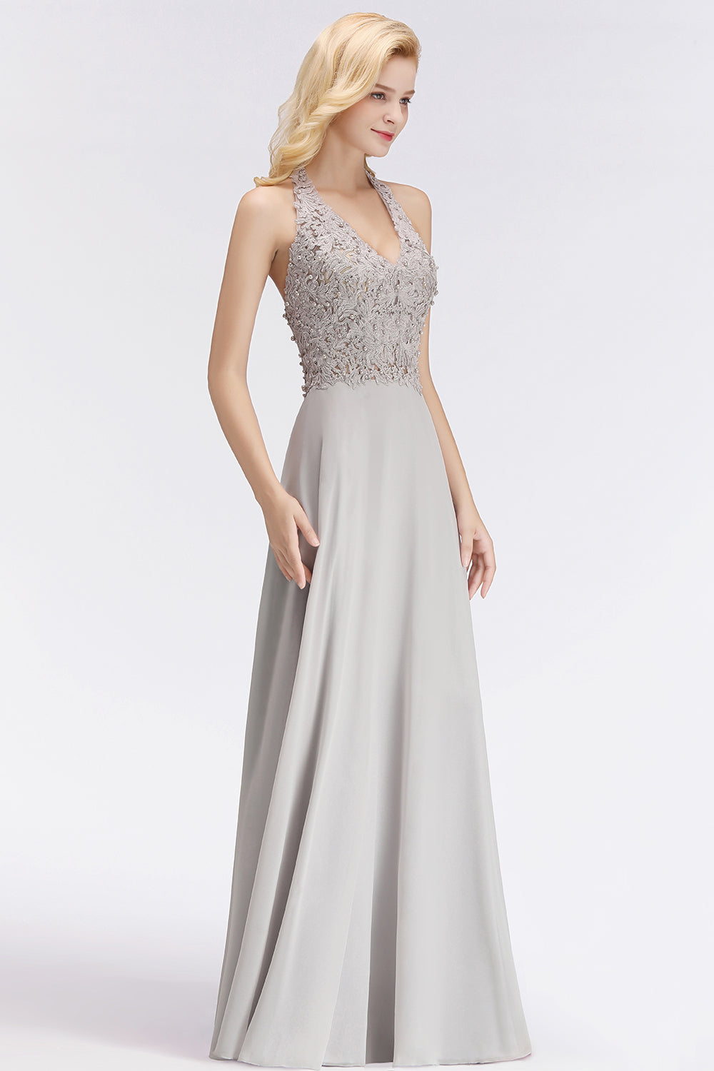 Chicloth A-line Halter Chiffon Lace Bridesmaid Dress with Beadings